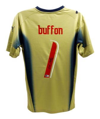 Trikot Nr. 1 von Gianluigi Buffon, Italien, WM-Saison 2006, signiert.  Replika-Trikot der italienischen Nationalmannschaft, signiert von Gianluigi Buffon (Nr. 1 der WM-Saison 2006).  Echtheitszertifikat: Beckett-Hologramm.  Lieferzeit: 10–20 Tage.