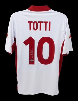 Camiseta de Francesco Totti, número 10, Roma, temporada 2001-2002. Camiseta autografiada de Totti. Camiseta firmada por Francesco Totti, temporada 2001-2002.  Réplica de la camiseta de la Roma autografiada por Francesco Totti, temporada 2001-2002.  A