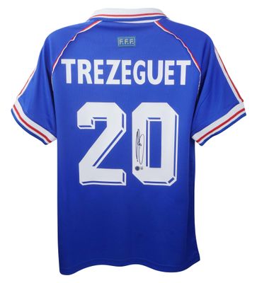 Camiseta de David Trezeguet, número 20, Francia, Copa Mundial de la FIFA 1998. Camiseta autografiada de Trezeguet. Camiseta firmada de David Trezeguet, selección italiana, Mundial 98. Camiseta de Francia, número 20, temporada 1998.  Réplica de la cam