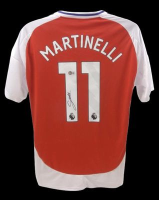Originales Arsenal-Trikot Nr. 11 (Saison 2024/25) mit Martinelli-Autogramm. Signiert von Gabriel Martinelli.  Originales Arsenal-Trikot (Saison 2024/25) mit Martinelli-Autogramm.  Echtheitszertifikat: Beckett-Hologramm