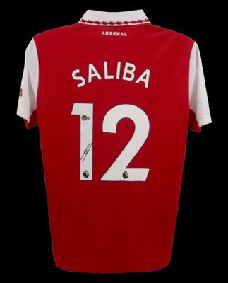 Originales Saliba-Trikot Nr. 12, Arsenal Saison 2024/25, signiert von Saliba  Originales Arsenal-Trikot 2024/25 mit Autogramm von Saliba  Echtheitszertifikat: Beckett-Hologramm