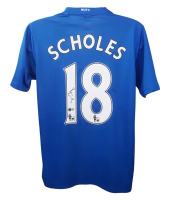 Camiseta Paul Scholes número 18 del Manchester United (2007-2008) firmada y autografiada. Camiseta firmada por Scholes (2007-2008).  Réplica de la camiseta del Manchester United firmada y autografiada por Scholes (número 18).  Autenticación: Beckett.