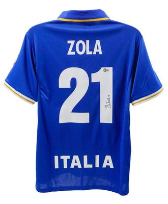 Gianfranco Zola – Italienisches Nationaltrikot von 1996, signiert von Zola Beckett  Replika-Trikot der italienischen Nationalmannschaft, signiert von Zola (Nr. 21)  Echtheitszertifikat: Beckett-Hologramm  Lieferzeit: 10–20 Tage