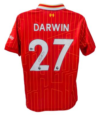 Maglia del Liverpool di Darwin Nunez, stagione 2024/2025, autografata. Autografo di Nunez, maglia autografata da Beckett, Liverpool 24-25.  Maglia originale del Liverpool autografata da Nunez, numero 27.  Autenticazione: ologramma Beckett.  Tempi di