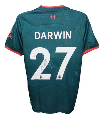 Camisola do Liverpool 22/23 assinada por Darwin Núñez. Autógrafo de Núñez 2022/23. Autógrafo de Núñez. Autógrafo Beckett. Liverpool 22/23.  Camisola ORIGINAL do Liverpool assinada por Núñez, número 27, Darwin.  Autenticação: Holograma Beckett.  Prazo