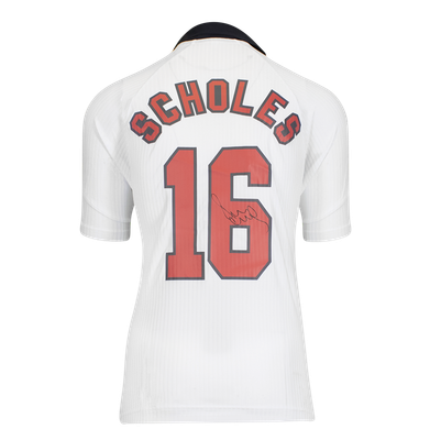 Maglia di Paul Scholes AC Manchester United 1998 autografata, autografata, maglia del Man Utd, retro di Scholes autografato, maglia da casa della Premier League 1998, ICONE  Maglia originale del Manchester United, autografata, autografata, autografat