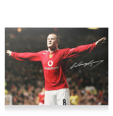 Fotografia autografada de Wayne Rooney, jogador do Manchester United. Autógrafo assinado. Fotografia assinada por Rooney. Ícones.