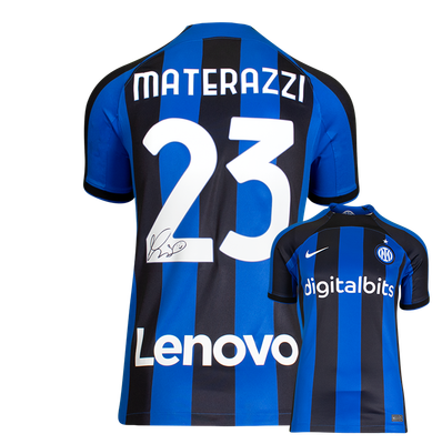 Camisola moderna do Inter de Milão autografada por Marco Materazzi. Autógrafo assinado. Camisola autografada de Marco Materazzi. Camisola ICONS.