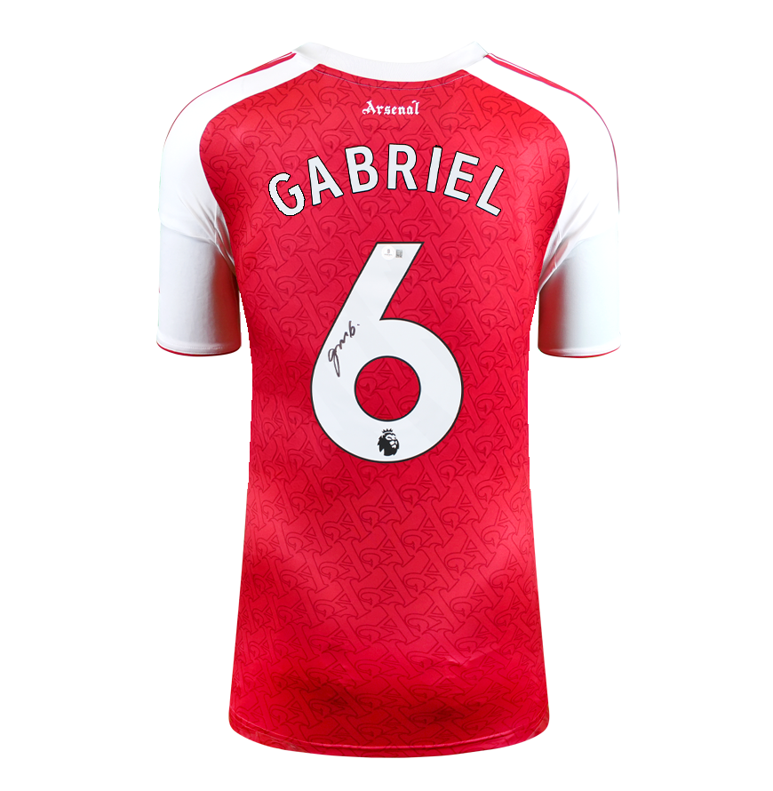 Gabriel Magalhaes Jersey Arsenal Home 2025 2026 Autographed Autograph Signed Arsenal Jersey Gabriel Magalhaes Back Signed 2025 2026  Home Shirt ICONS