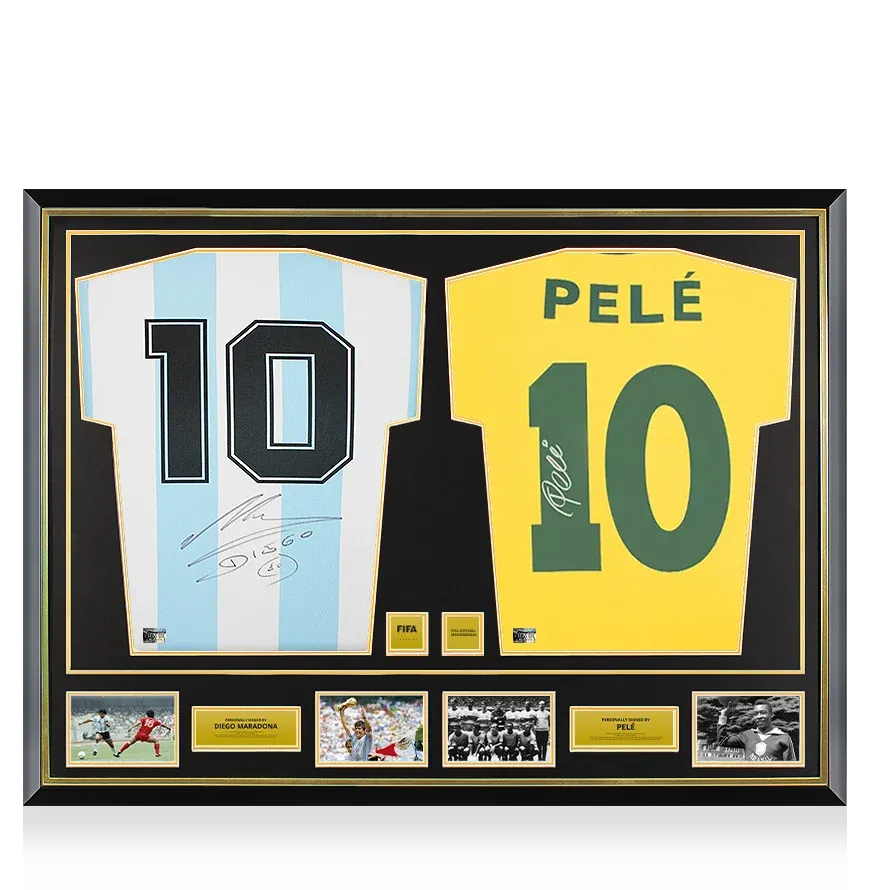 Diego Maradona Argentina &amp; Pele Brazil Official FIFA World Cupâ¢ Signed and Dual Framed Shirts MARADONA PELE  autograph Autographed  ICONS