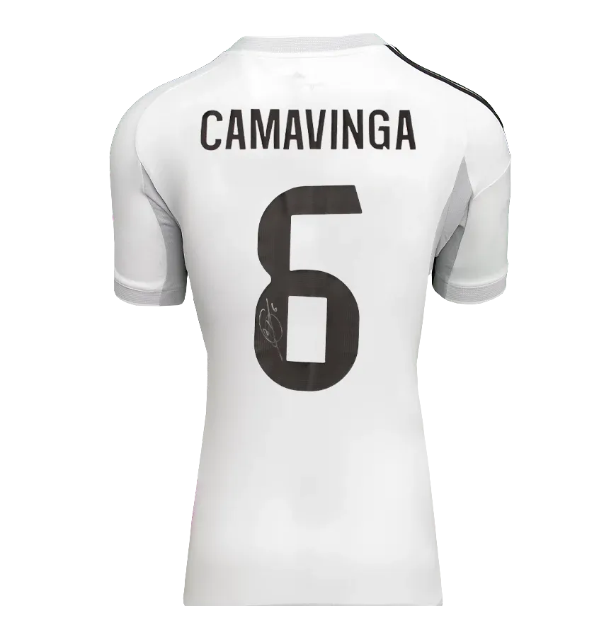 Eduardo Camavinga Back Signed Real Madrid 2025-26 Home Shirt With Fan Style Number Home Shirt Autograph Signed Real Madrid Jersey CAVAMINGA   ICONS