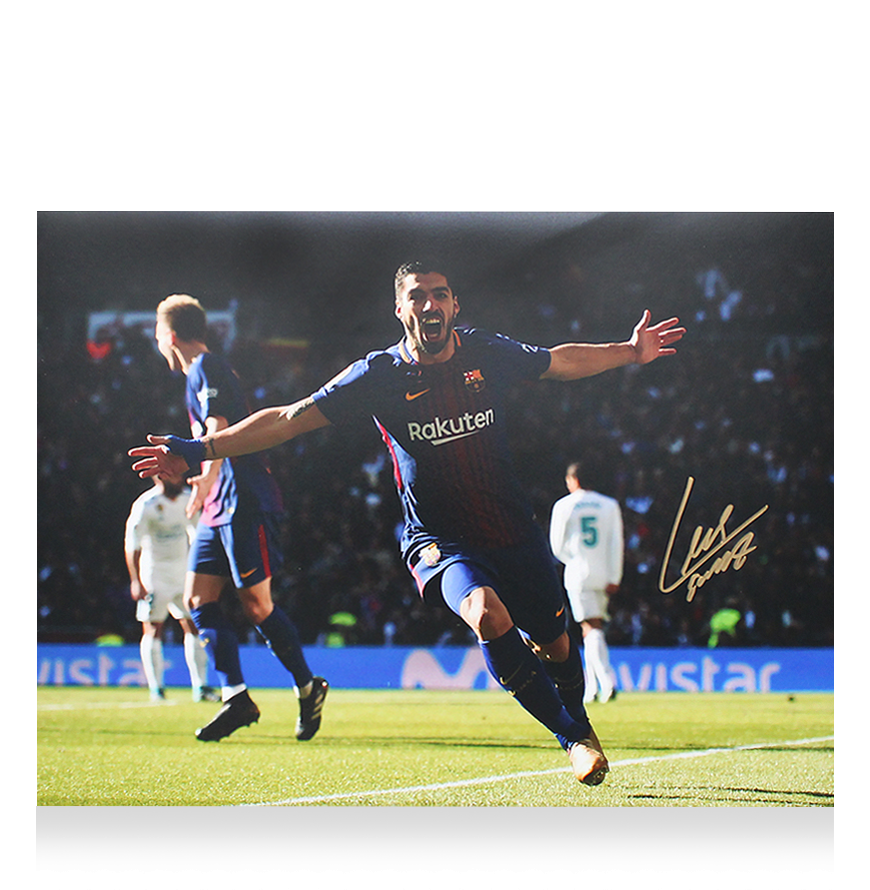 Luis Suarez FC Barcelona Signed Photo: Arms Out Celebration vs Real Madrid Autographed Autograph Signed BARCELONA Photo SUAREZ Signed Autograph ICONS