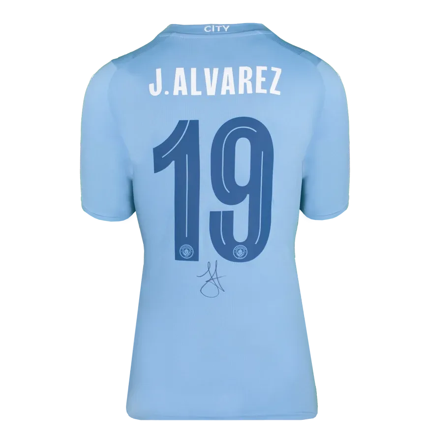 Julian Alvarez Back Signed Manchester City 2023-24 Home Shirt  Autographed Autograph Signed Man City Jersey Alvarez Back Signed 2023 2024  Home Shirt ICONS