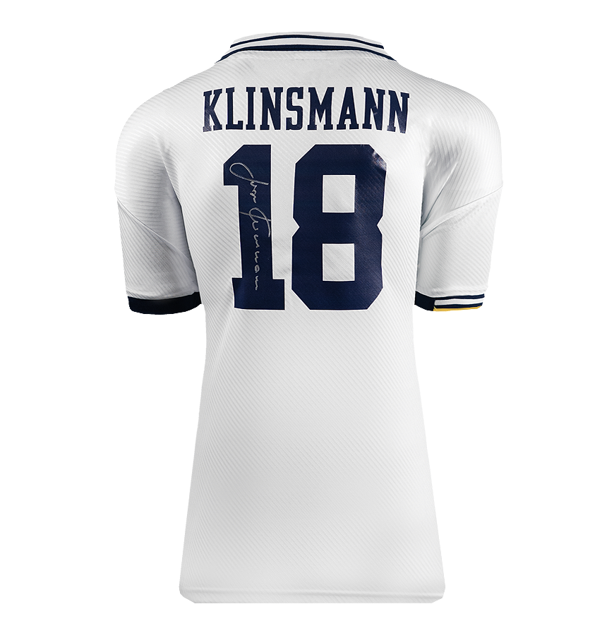 Maglia da casa retrò del Tottenham Hotspur autografata da Jurgen Klinsmann (modello Home).  Autenticazione: Ologramma ICONS  Tempi di consegna effettivi: 10-20 giorni. Una volta effettuato l'ordine, riceverai tutte le informazioni necessarie.