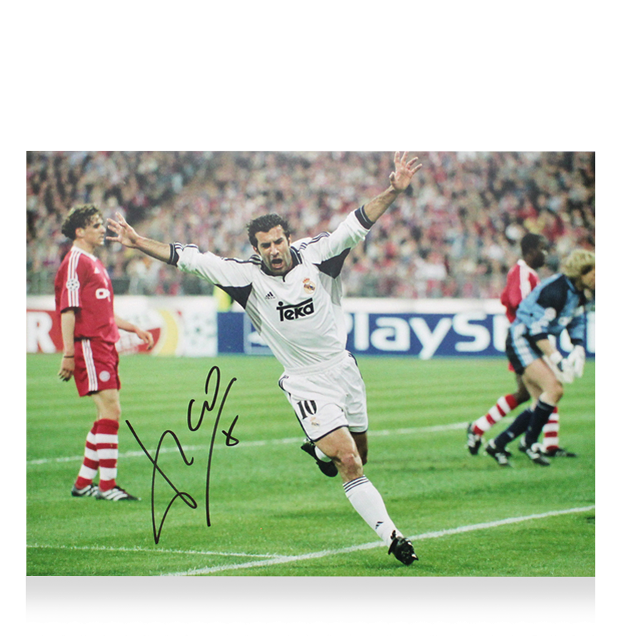 Foto autografiada de Luis Figo del Real Madrid: Gol de la UEFA Champions League, autógrafo de Luis Figo. Foto autografiada de ICONS.  Autenticación: Holograma ICONS.  Tiempo de entrega estimado: 10-20 días.  Una vez realizado el pedido, recibirá toda