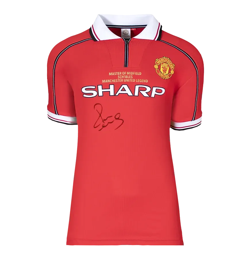 Paul Scholes Front Signed Manchester United 1999 Premier League Home Shirt: Master of Midfield Edition Autographed Autograph Signed Man Utd  Jersey Scholes Back Signed   Home Shirt ICONS