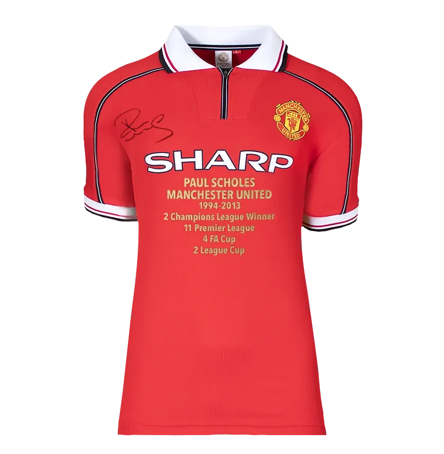 Paul Scholes Front Signed Manchester United 1999 Prmeier League Home Shirt: Career Stats Edition Autographed Autograph Signed Man Utd  Jersey Scholes Back Signed   Home Shirt ICONS