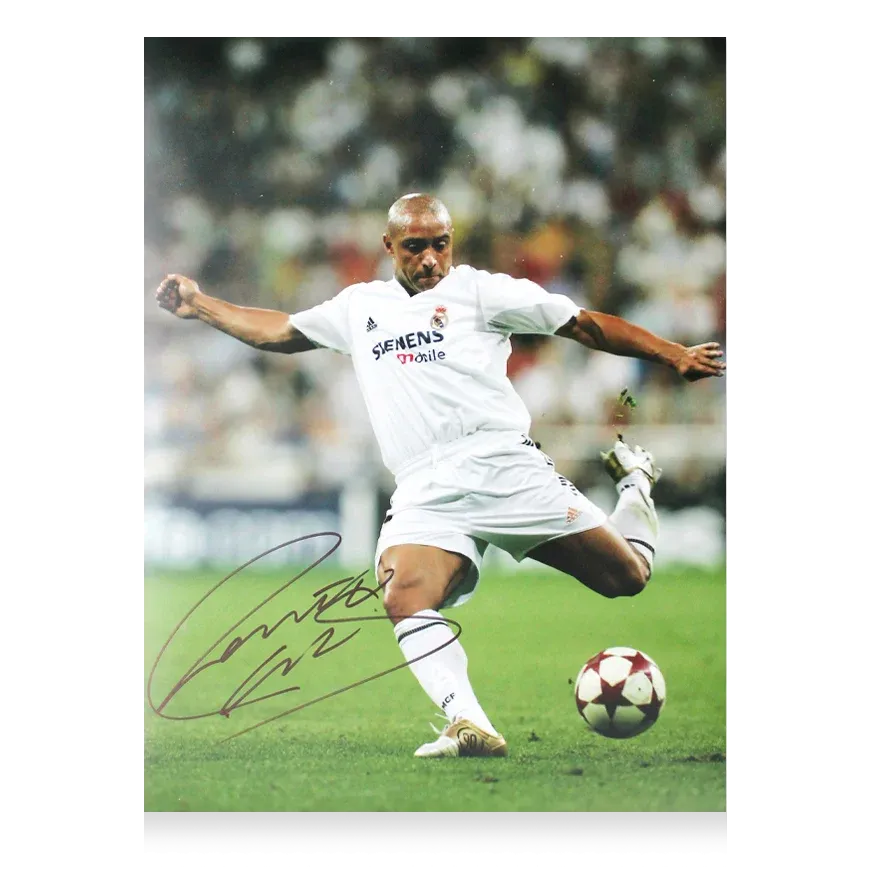 Roberto Carlos Signed Real Madrid CF Photo: Los Blancos Icon Shirt Home Shirt Roberto Carlos  Photo Real Madrid Original 3  ICONS