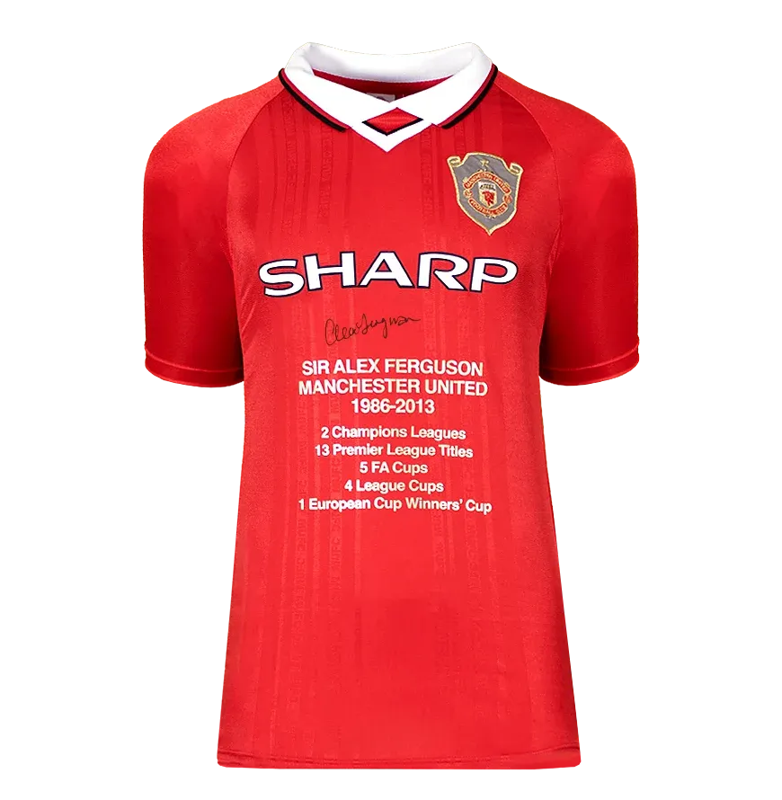 Sir Alex Ferguson Front Signed Manchester United 1999 UEFA Champions League Home Shirt - Stats Edition  Home Shirt Shirt Signed FERGUSON Jersey Man Utd  Signed Autograph Autographed Manchester