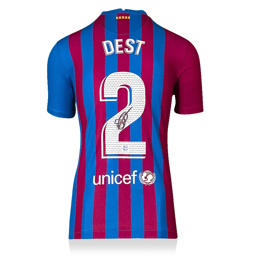 Sergino Dest Back Signed FC Barcelona 2021-22 Home Shirt Jersey  Signed Autograph Dest Jersey 21/22 Autographed Retro Barcelona  Autographed ICONS