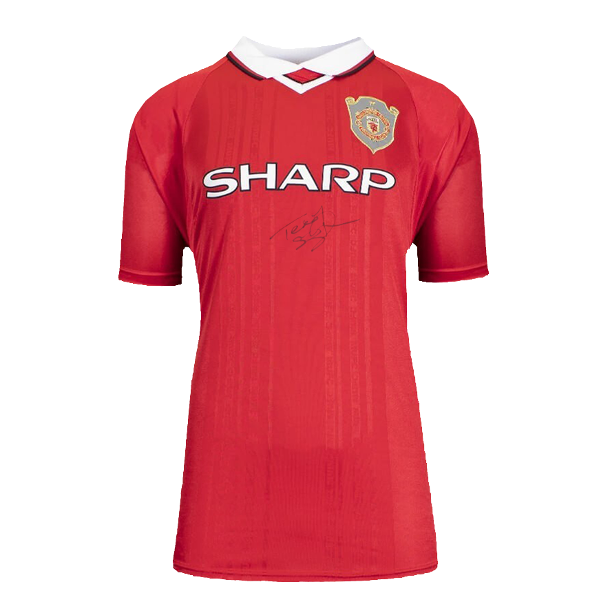Teddy Sheringham Front Signed Manchester United 1999 UEFA Champions League Home Shirt Home Shirt Jersey Man Utd  Signed Autograph Autographed Manchester