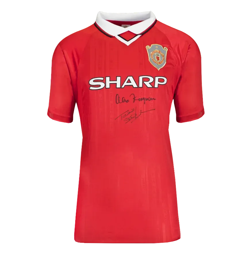 Teddy Sheringham &amp; Sir Alex Ferguson Dual Signed Manchester United 1999 UEFA Champions League Home Shirt Shirt Jersey Man Utd  Signed Autograph Autographed Manchester