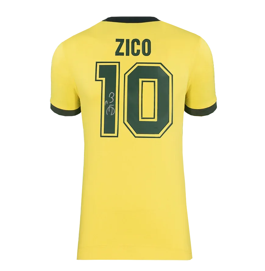 Zico Back Signed Brazil 1982 Home Shirt Signed Autograph Romario Zico  Jersey Autographed Jersey Retro Brazil Autographed ICONS