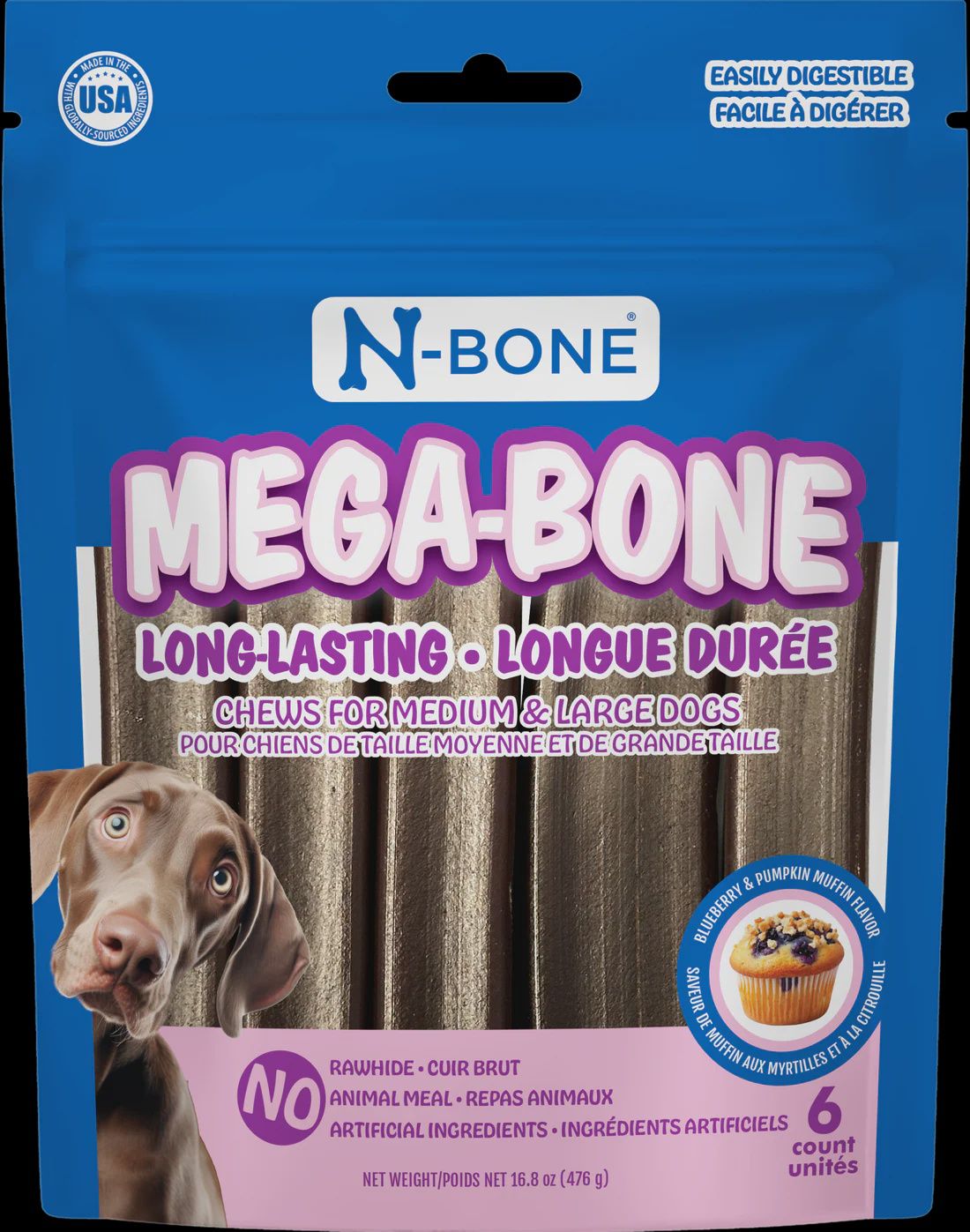 N-Bone Mega-Bone Long-Lasting Chew Blueberry Pumpkin Muffin Flavor - 6 ct
