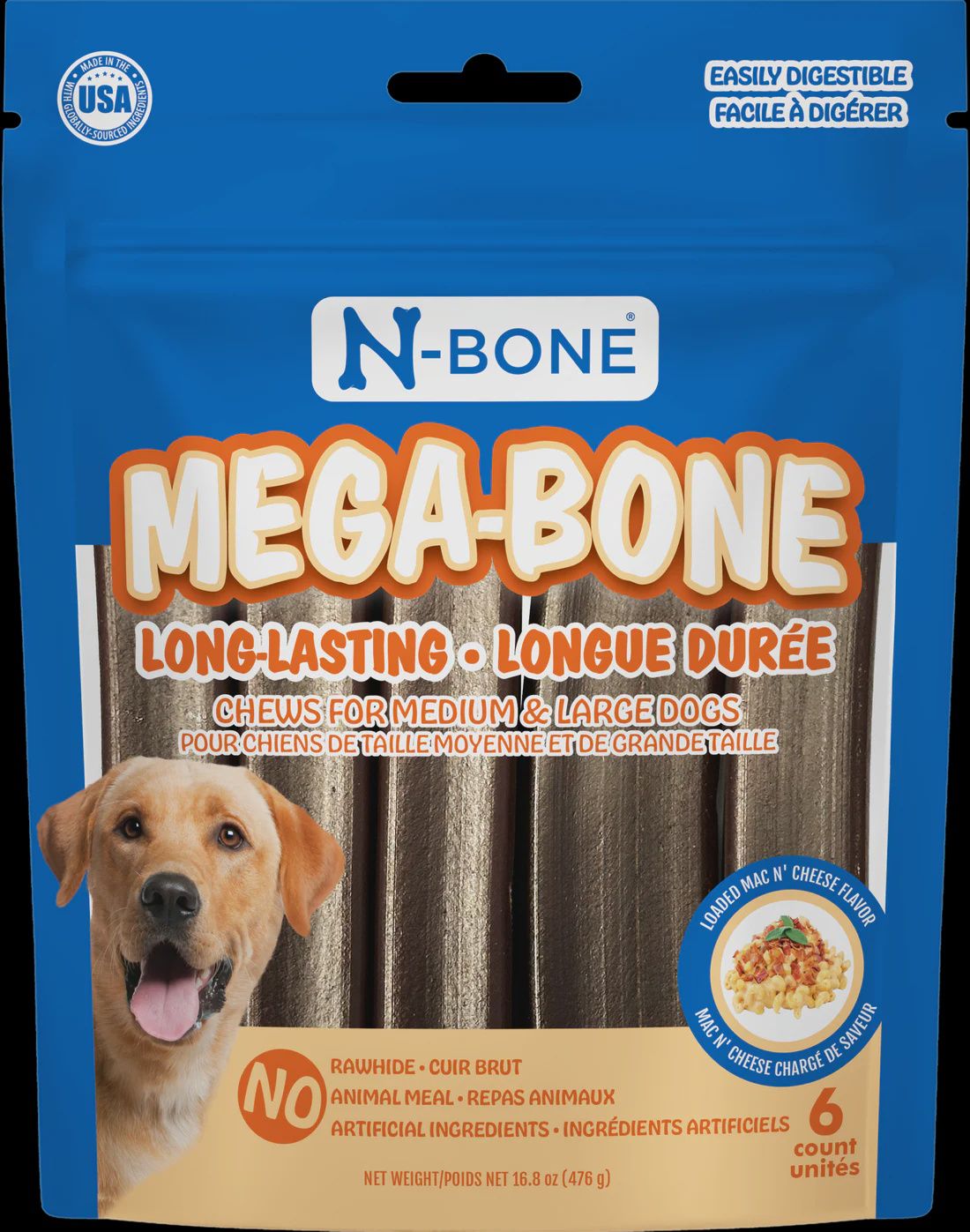 N-Bone Mega-Bone Long-Lasting Chew Mac n' Cheese Flavor - 6 ct, Type / Style: Individual