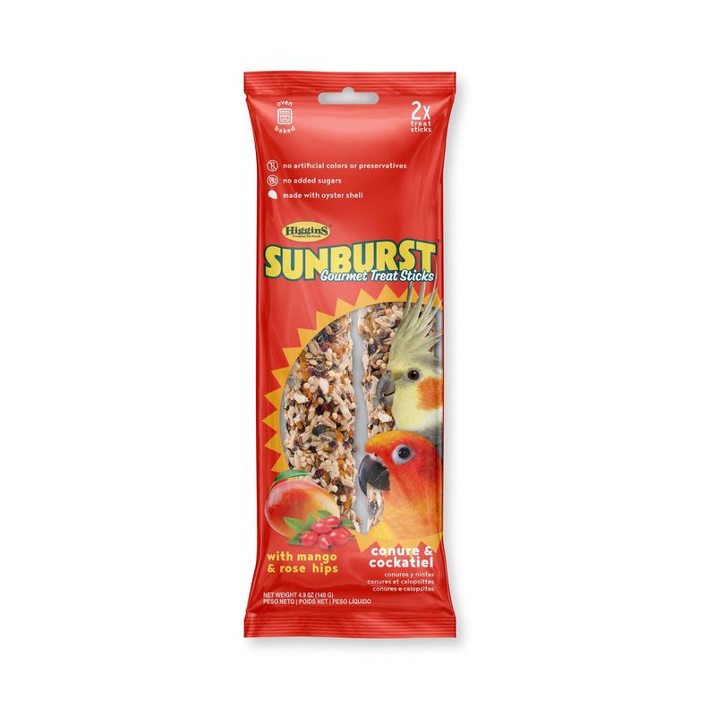 Higgins Sunburst Gourmet Conure &amp; Cockatiel Treat Sticks With Mango &amp; Rose Hips, 4.9 Oz