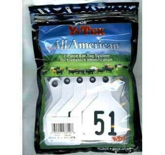Y-Tex All-American 2-Piece 4-Star Cow/calf ear tags hot-stamped white LRG #51-75