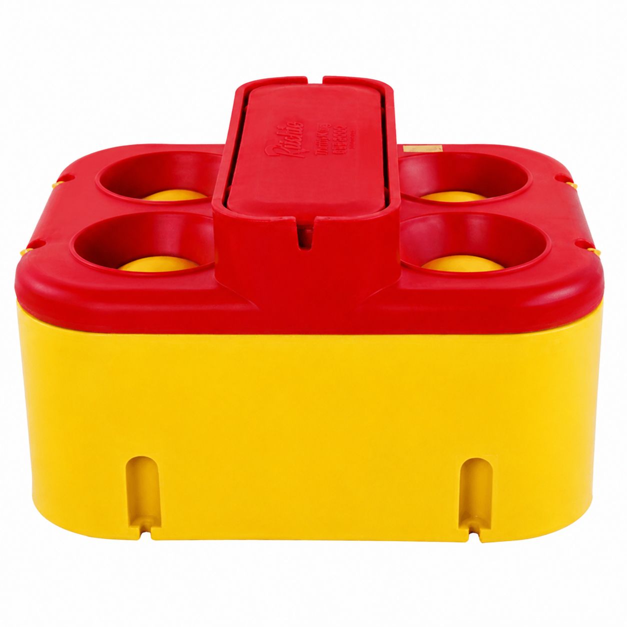 Ritchie Thrifty King CT4 four hole automatic cattle waterer that is often used energy free or frost free, yellow and red 