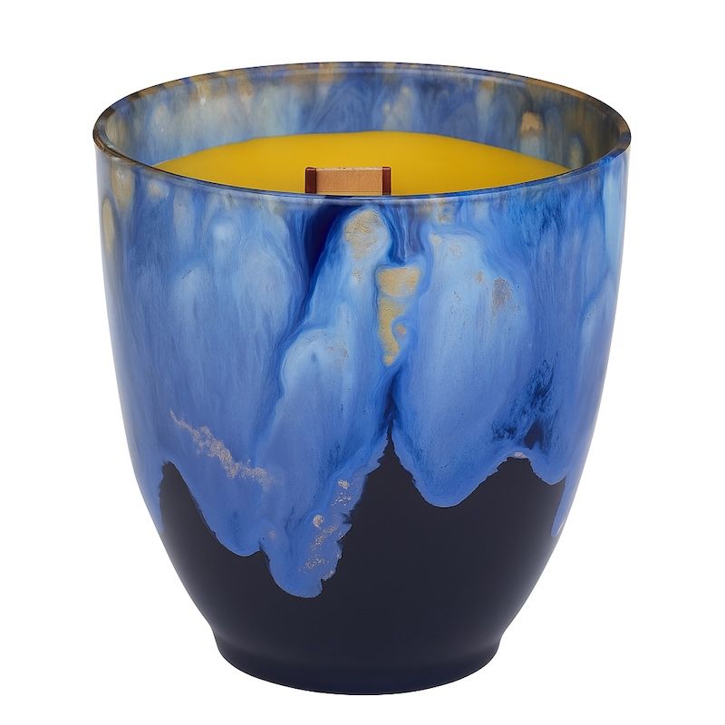 Wabenflamme Knisterkerze aus 100 % Bienenwachs im Keramik-Latte-Macchiato-Becher (400 ml) – wiederverwendbar, Farbe Dunkelblau