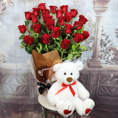 24 Roses with White Teddy Bear