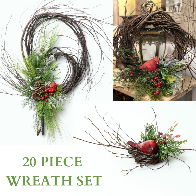 BEST VALUE! Christmas Cardinal Wreath Set of 20 (includes:  4-9", 12-2", 4-DBL Loop)