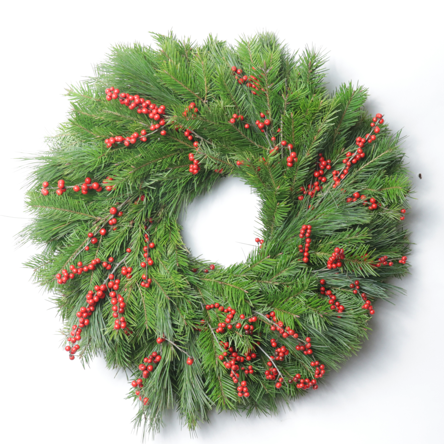 24" #2 Mixed Greens Wreath - Case of 6 (Douglas Fir, White Pine, Holly & Winterberry)