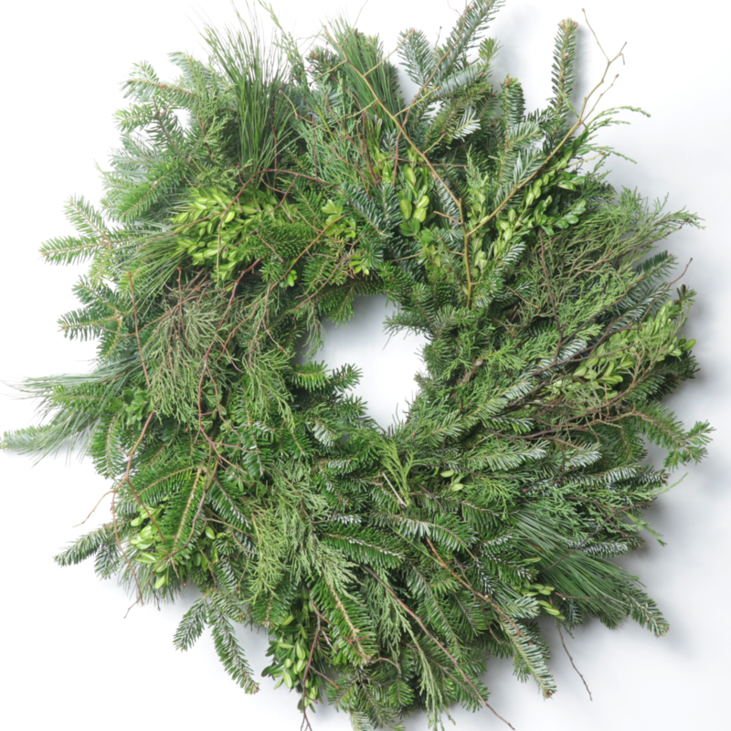 18" #4 Mixed Greens Wreath - Case of 6 (Fraser Fir, White Pine, Juniper, Boxwood & Blueberry)