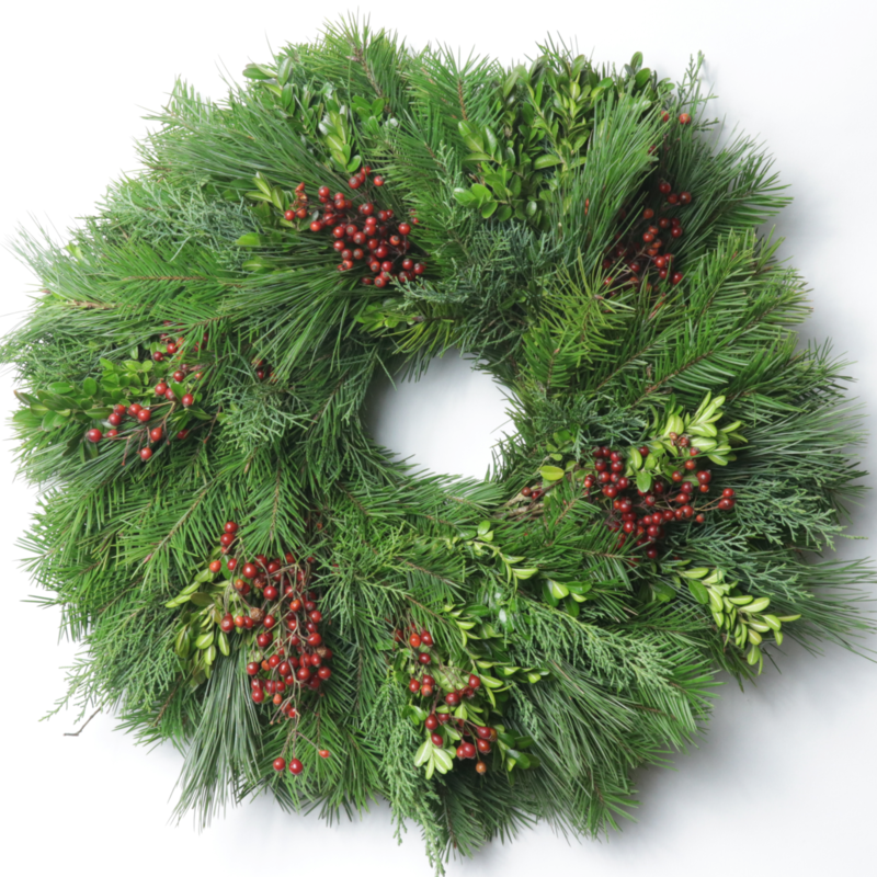 26" #8 Mixed Greens Wreath - Case of 6 (Douglas Fir, Boxwood, Juniper & Rosehips