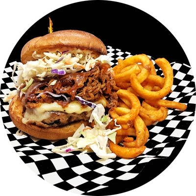 Pulled Pork Burger with Curly Fries