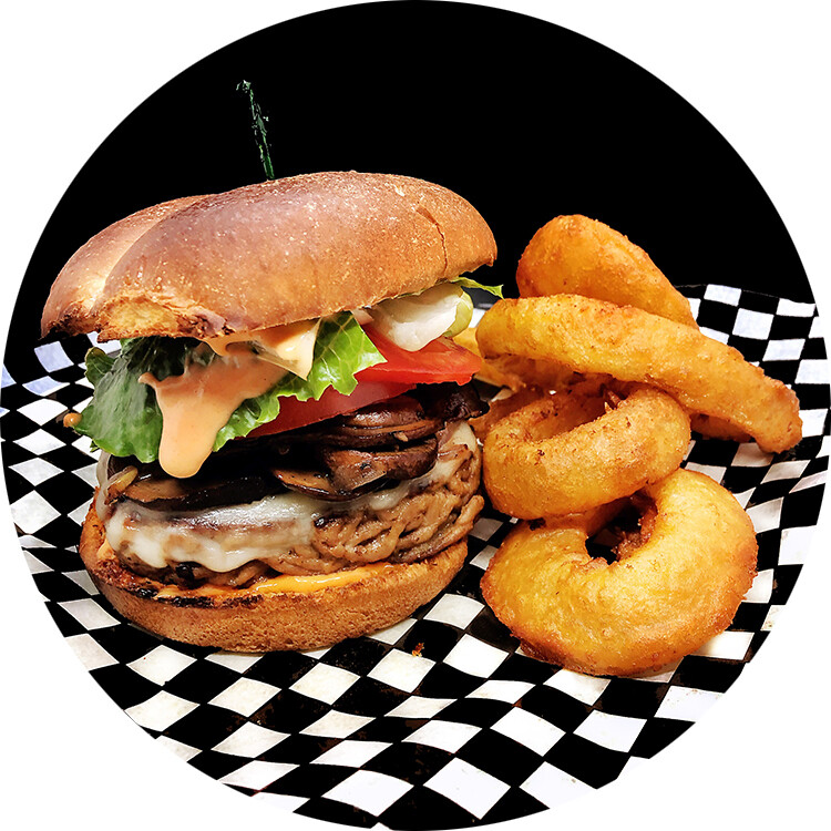 Mushroom Burger with Curly Fries