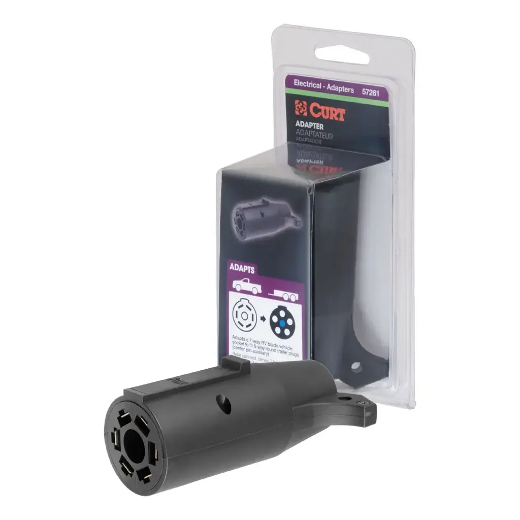 Adapter (7-Way RV Blade to 6-Way Round Trailer, Center Pin Auxiliary, Packaged) Adapter (7-Way RV Blade to 6-Way Round Trailer, Center Pin Auxiliary, Packaged)