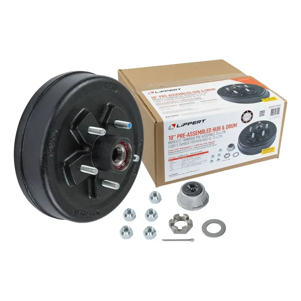 10" Brake Drum Hub Kit, Installed Bearings, 5 on 4.5", 1/2" Stud, 3,500-lb. Axle