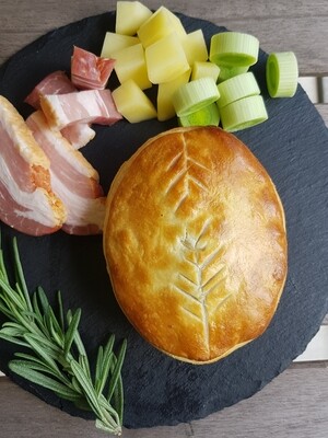 CHICKEN, BACON, LEEK & POTATO PIE - A medley of Chicken, Bacon, Leek, and Potato with added fresh Rosemary and Thyme, swimming in a rich creamy white sauce permeating all of those wonderful flavours. CHICKEN, BACON, LEEK & POTATO PIE - A medley of Chicken, Bacon, Leek, and Potato with added fresh Rosemary and Thyme, swimming in a rich creamy white sauce permeating all of those wonderful flavours.