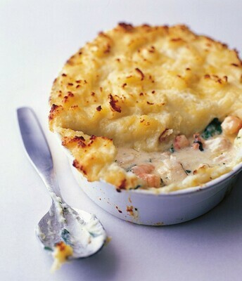 FISHERMAN'S PIE - Norwegian Salmon & Nth Atlantic Cod flaked into a creamy sauce with garden peas, shrimps and complementing herbs. Piped mashed potato and cheddar cheese on top to finish. FISHERMAN'S PIE - Norwegian Salmon & Nth Atlantic Cod flaked into a creamy sauce with garden peas, shrimps and complementing herbs. Piped mashed potato and cheddar cheese on top to finish.