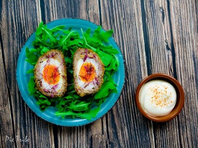 2 x SCOTCH EGGS - A sustaining snack for centuries. (CH) Pork minced freshly In-house and blended with herbs and spices wrapped around a molten Free Range (CH) Egg deep fried in Panko Breadcrumbs. 2 x SCOTCH EGGS - A sustaining snack for centuries. (CH) Pork minced freshly In-house and blended with herbs and spices wrapped around a molten Free Range (CH) Egg deep fried in Panko Breadcrumbs.