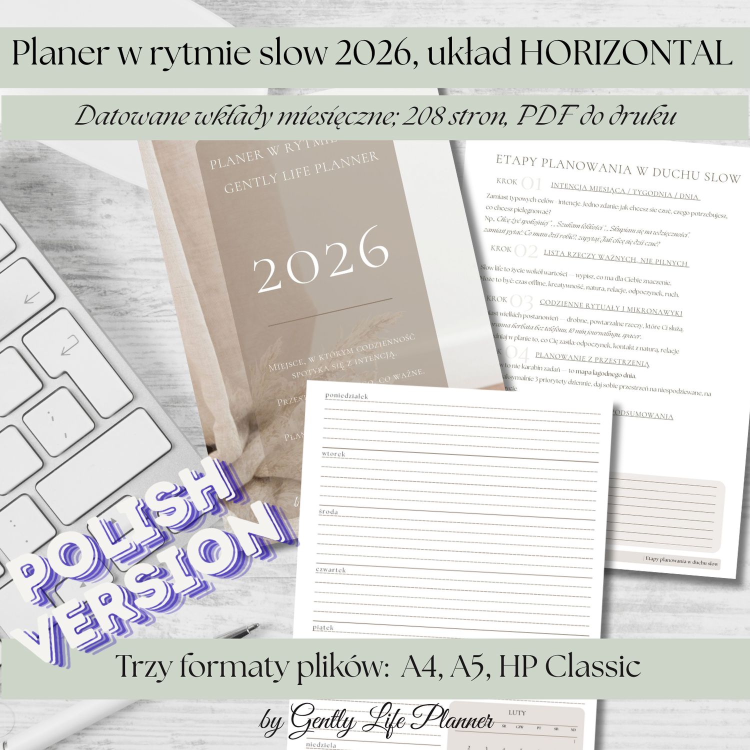 Planner do druku 2026 – Gently Life Planner | system slow planningu