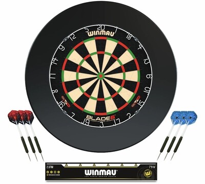 Winmau Blade 6 Dartboard and Black Surround Set with Darts and Oche