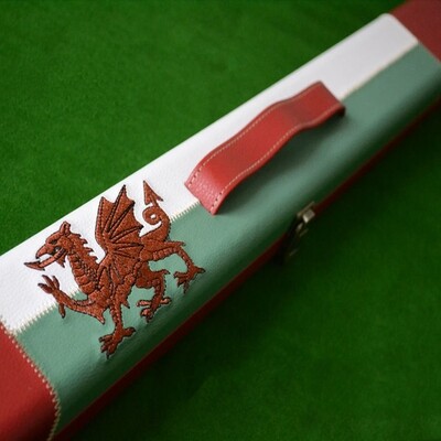 Hand Stitched Welsh Dragon Flag Leather 3/4 Snooker Cue Case in Green, Red and White.