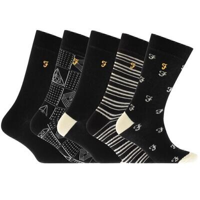 Mens Farah Greaves 5 Pack Dress Socks with Gold Jacquard Logo on Each Sock