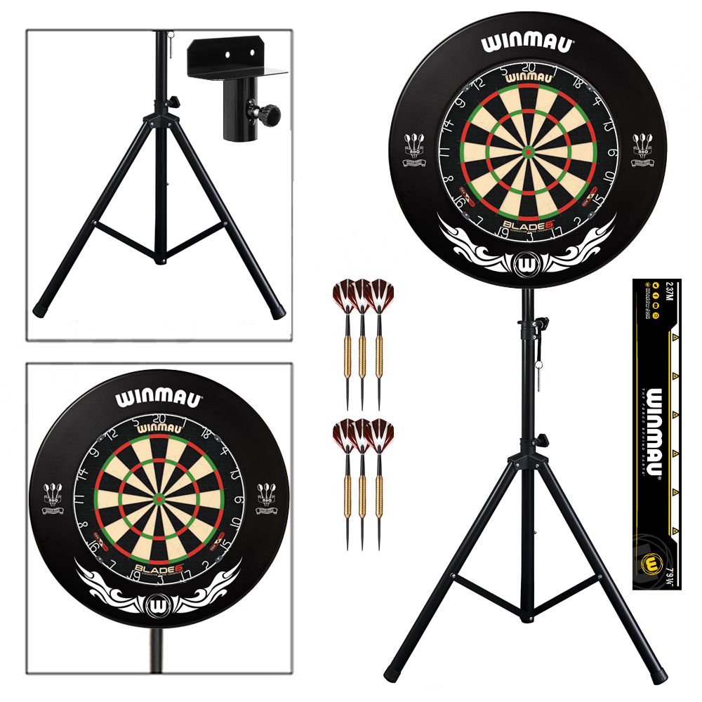 Complete Darts Set with Portable Stand, Winmau Blade 6 Dartboard, Surround and Darts
